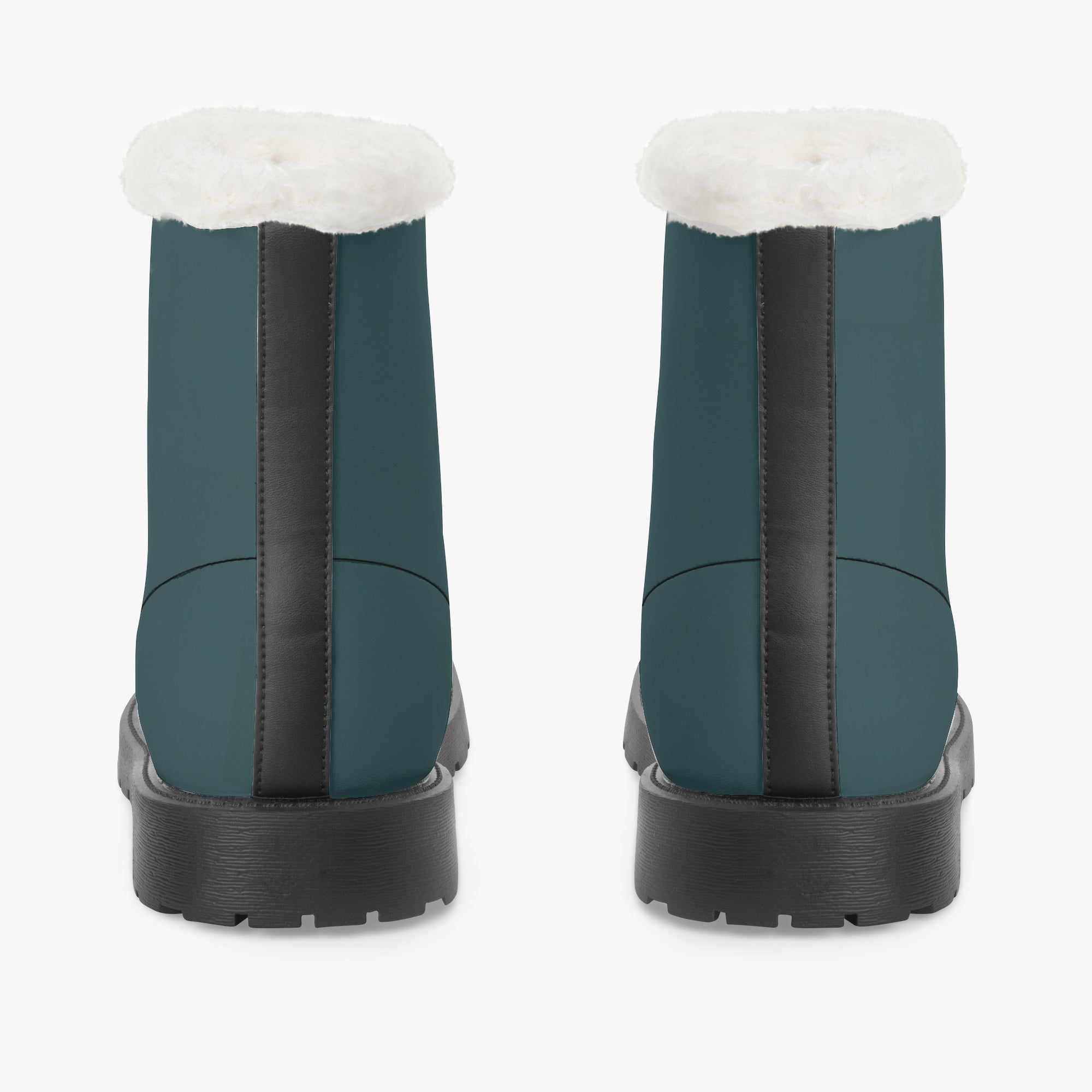 Midnight teal lace-up boots with black soles and plush white faux fur collars, back view.