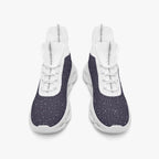 High-top sneakers with black speckled knit upper and white sole, front view.