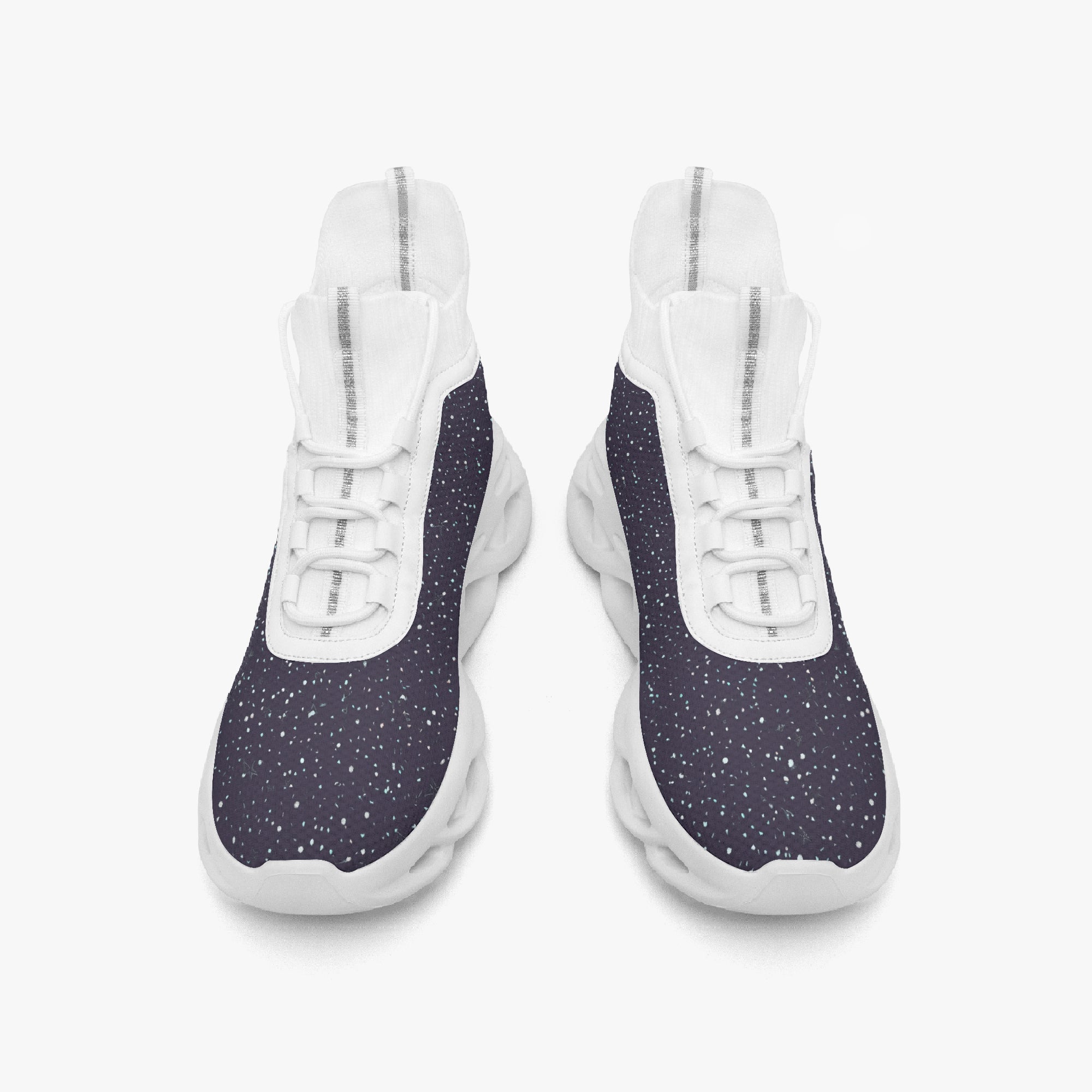 High-top sneakers with black speckled knit upper and white sole, front view.