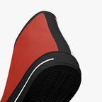 Bold red high-top canvas sneaker with black accents and textured black rubber sole.