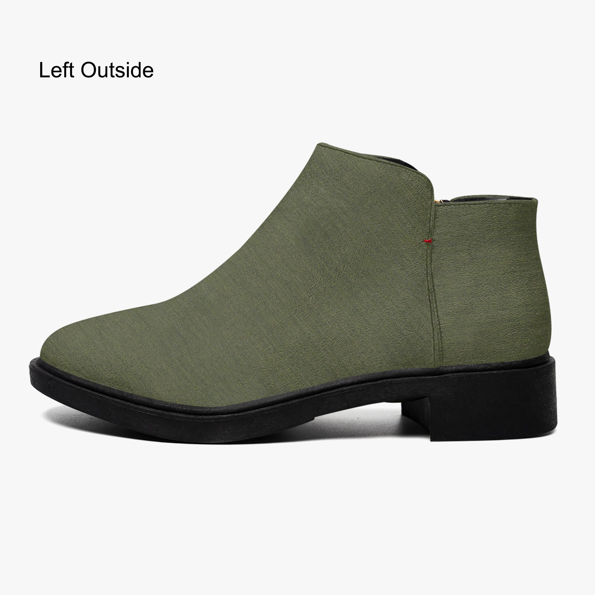 Olive green textured ankle boot with chunky black heel and side zipper.