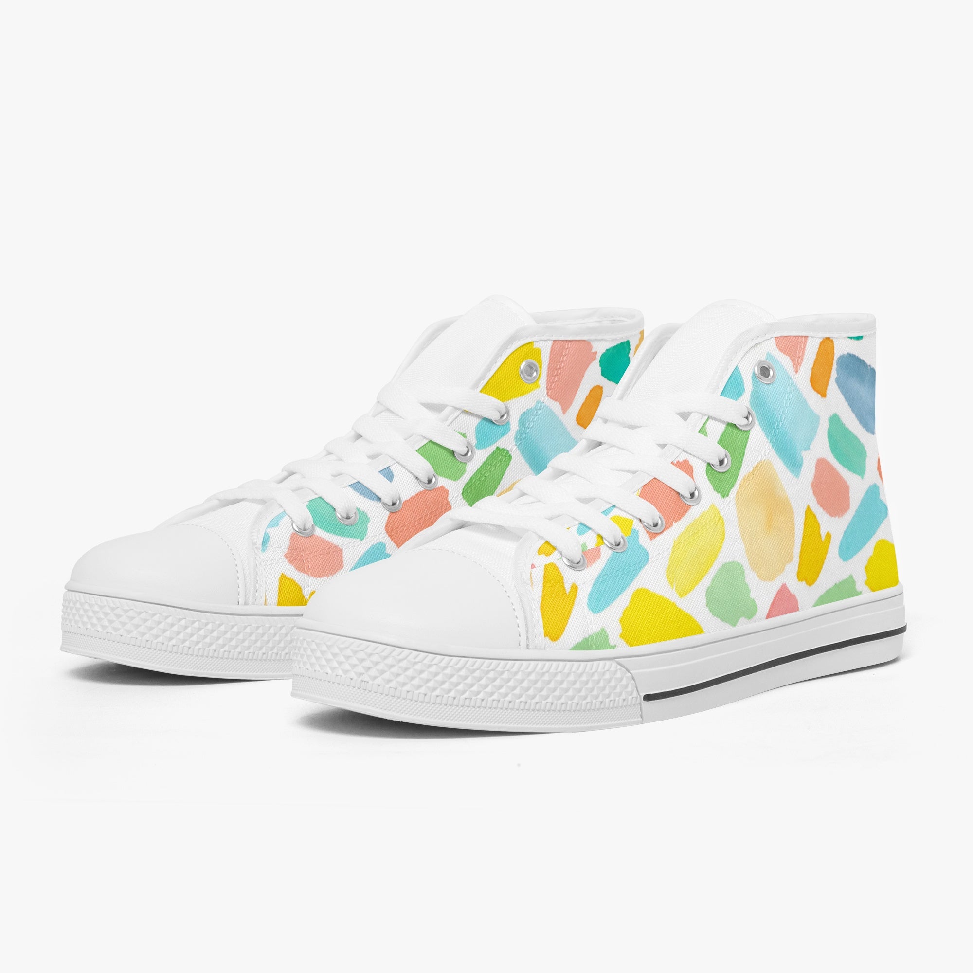White high-top sneakers with colorful mosaic pattern and white rubber soles.