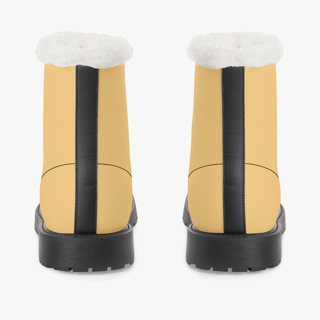 Sunny mustard leather winter boots with black back stripe and plush white faux fur collar, rugged black sole.