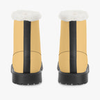 Sunny mustard leather winter boots with black back stripe and plush white faux fur collar, rugged black sole.