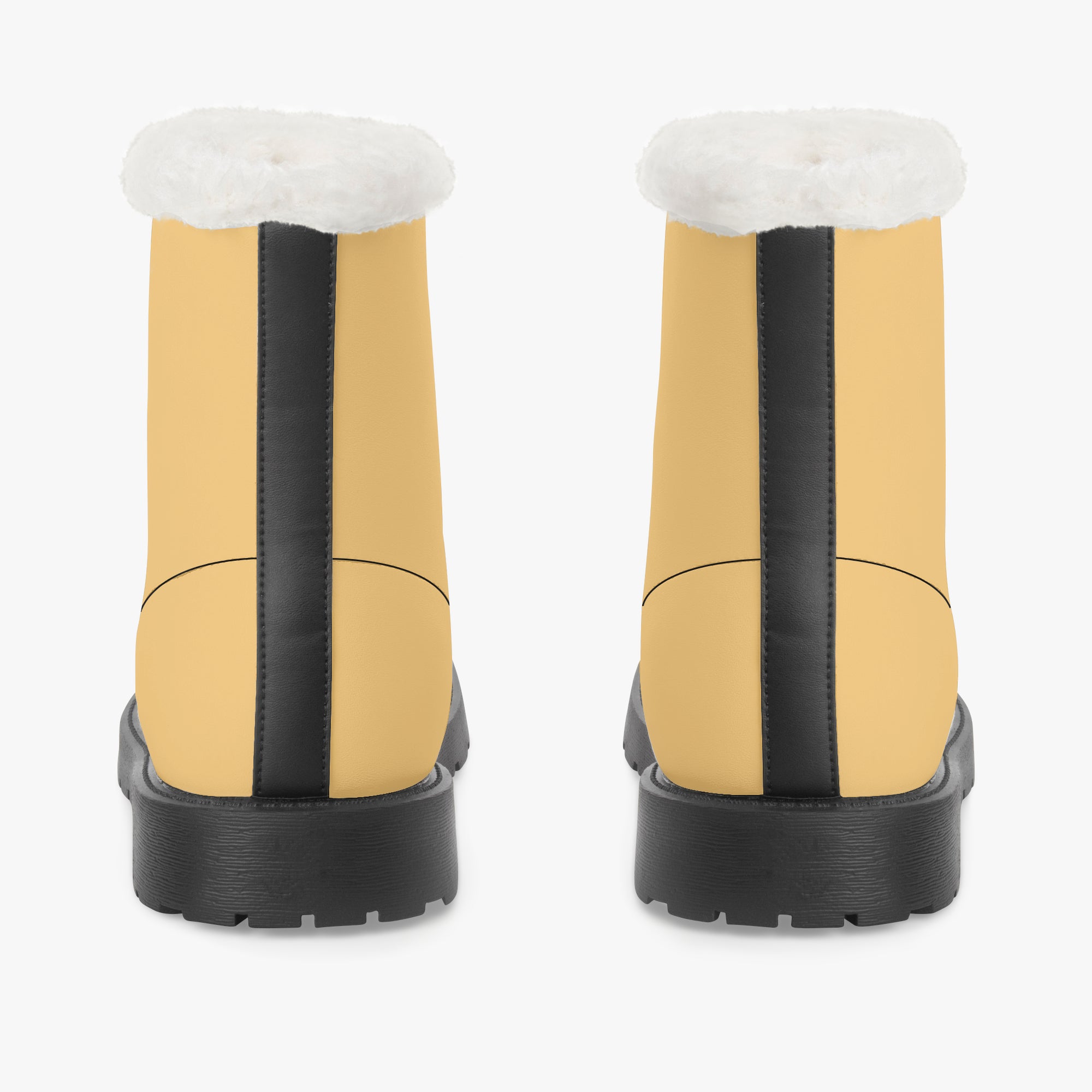 Sunny mustard leather winter boots with black back stripe and plush white faux fur collar, rugged black sole.