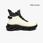 White high-top knit sneakers with black sculpted sole and ankle collar.