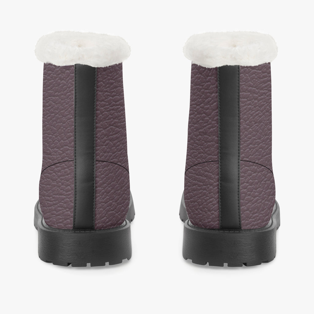 Plum pebbled leather winter boots with black soles and white faux fur collars, rear view.