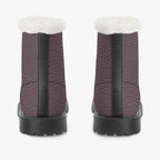 Plum pebbled leather winter boots with black soles and white faux fur collars, rear view.