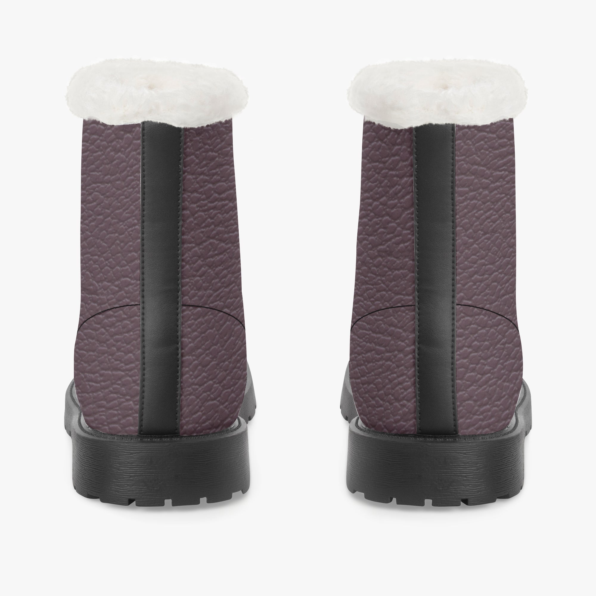 Plum pebbled leather winter boots with black soles and white faux fur collars, rear view.