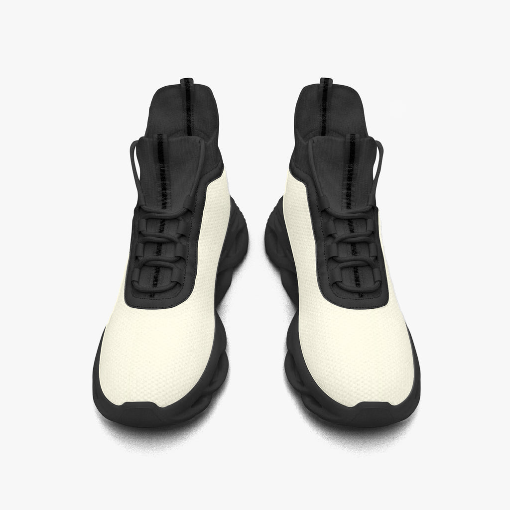 High-top white knit sneakers with black soles and black pull tabs on tongue and heel.