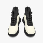 High-top white knit sneakers with black soles and black pull tabs on tongue and heel.