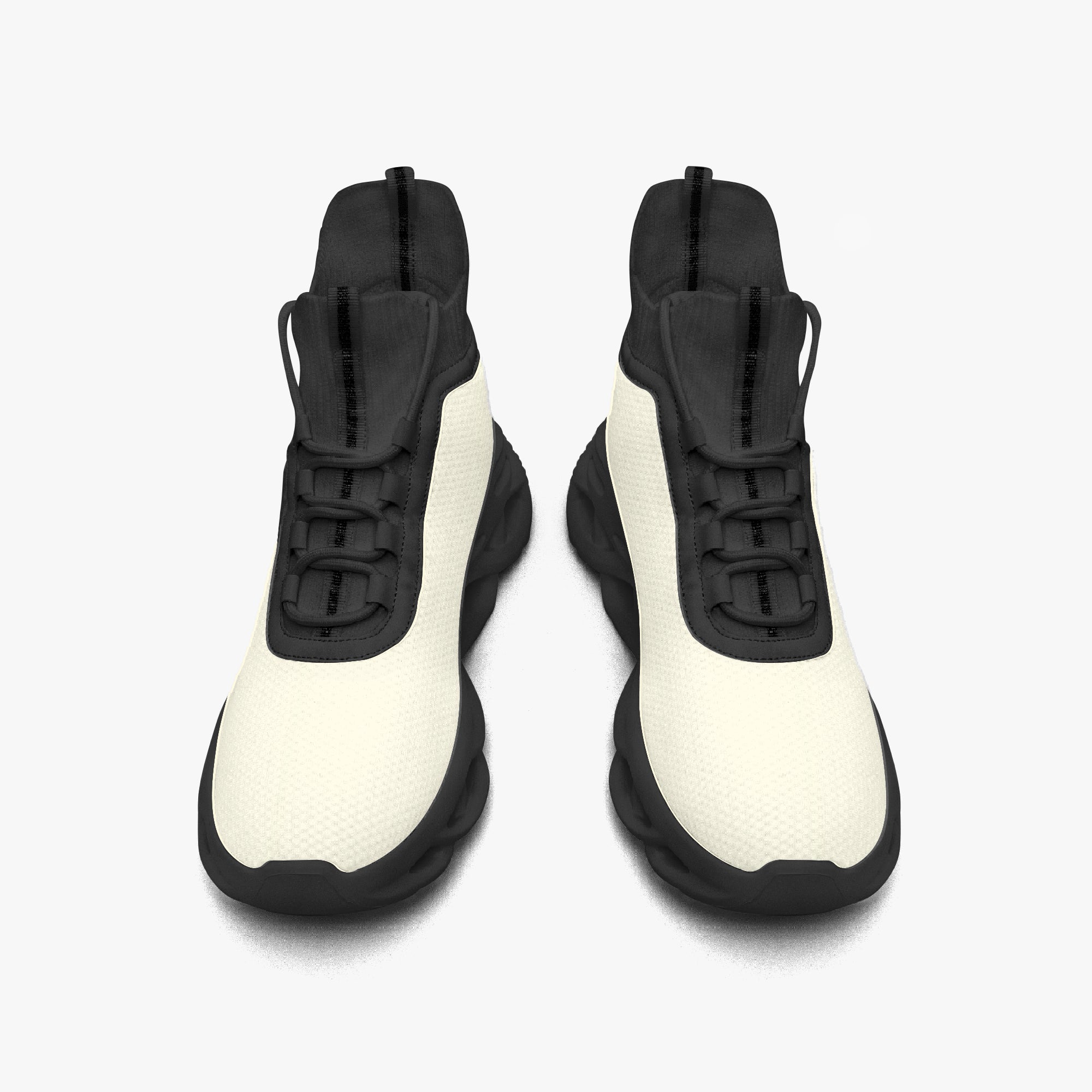 High-top white knit sneakers with black soles and black pull tabs on tongue and heel.