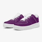 Purple low-top leather sneakers with white laces and soles, minimalist design.