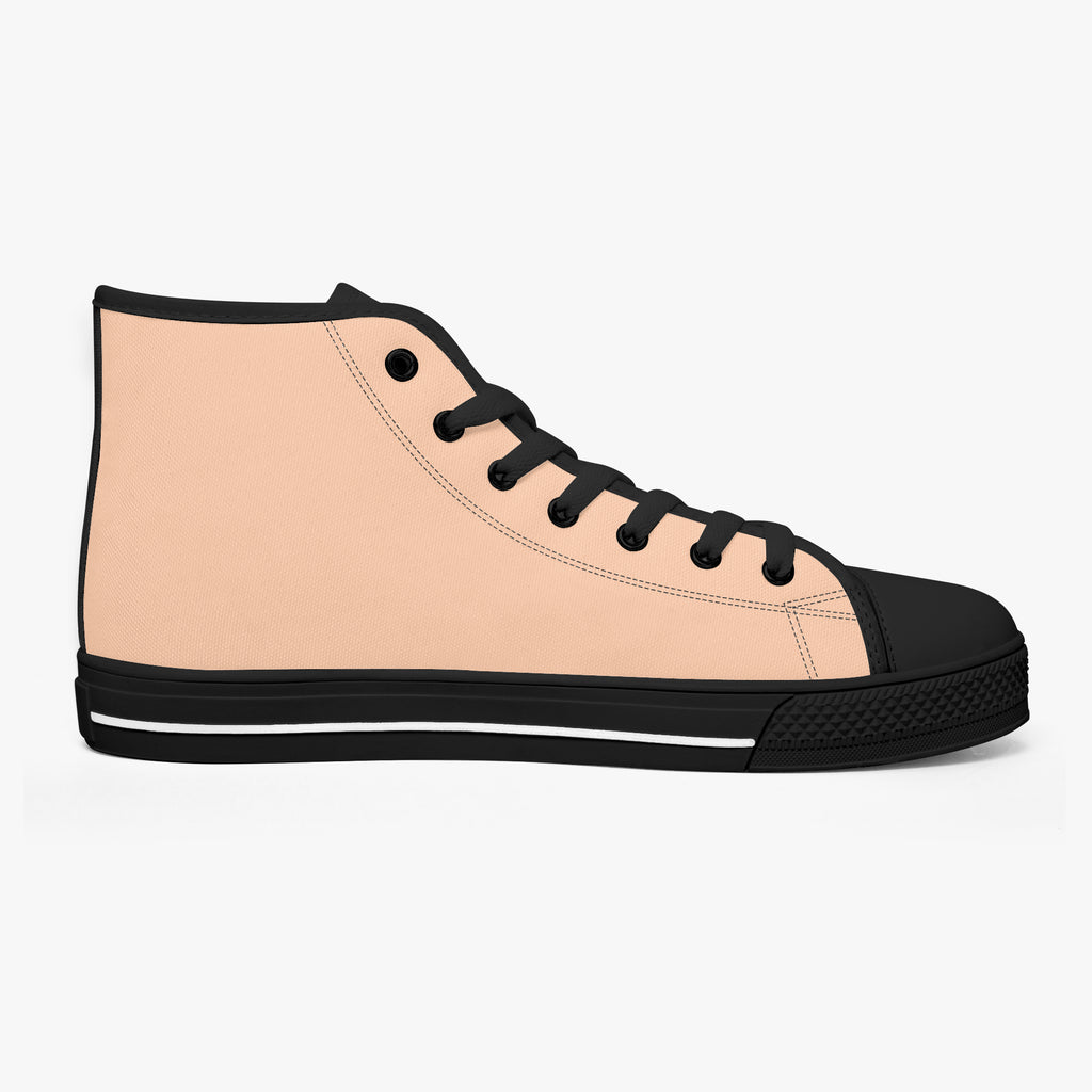 Peach and black high-top canvas sneaker with black laces and rubber sole.