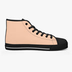 Peach and black high-top canvas sneaker with black laces and rubber sole.