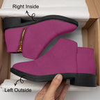 Magenta suede ankle boots with chunky black heel and gold zipper on inner side.