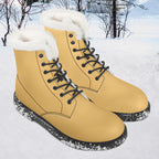 Sunny mustard leather lace-up boots with plush white faux fur collar and black speckled soles.