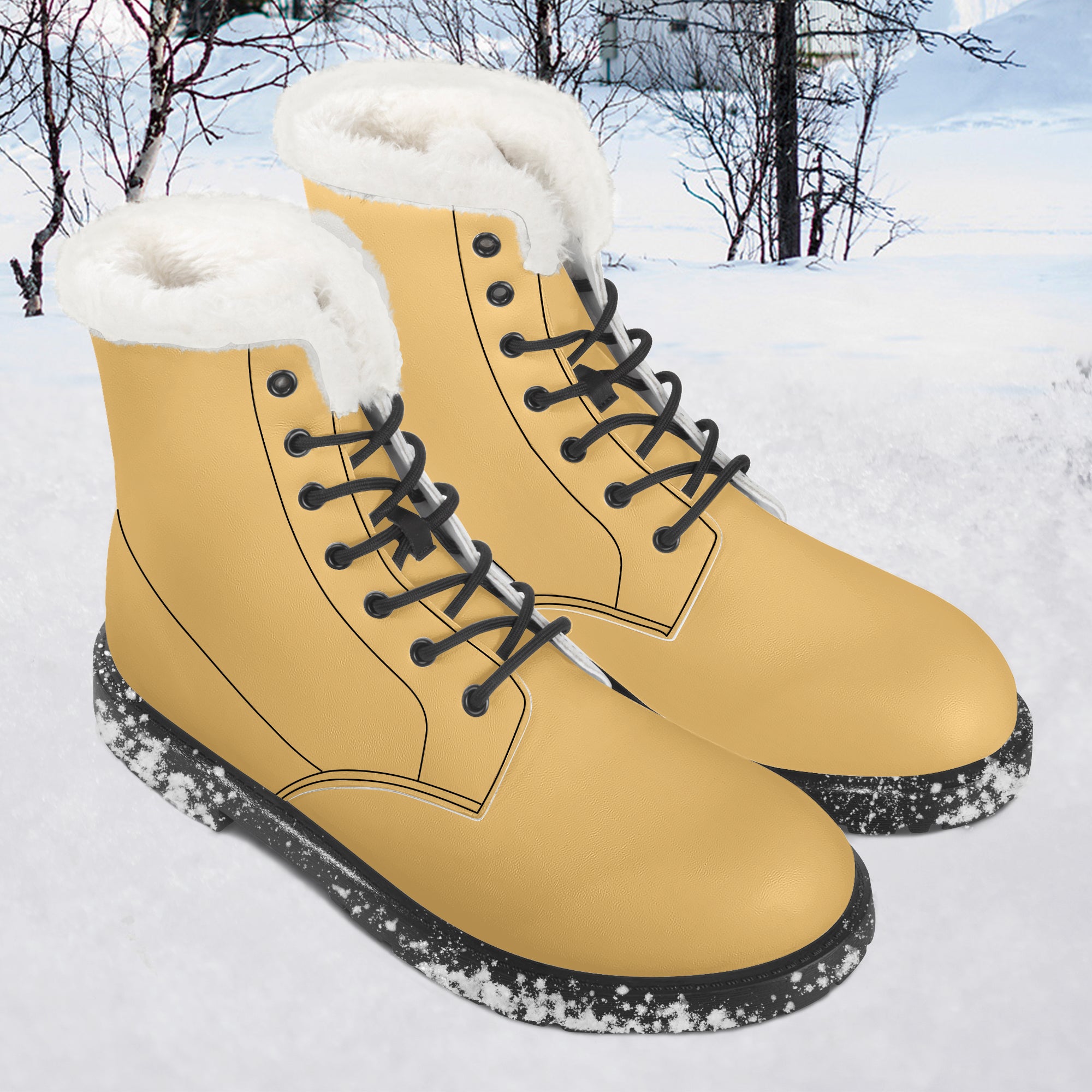Sunny mustard leather lace-up boots with plush white faux fur collar and black speckled soles.