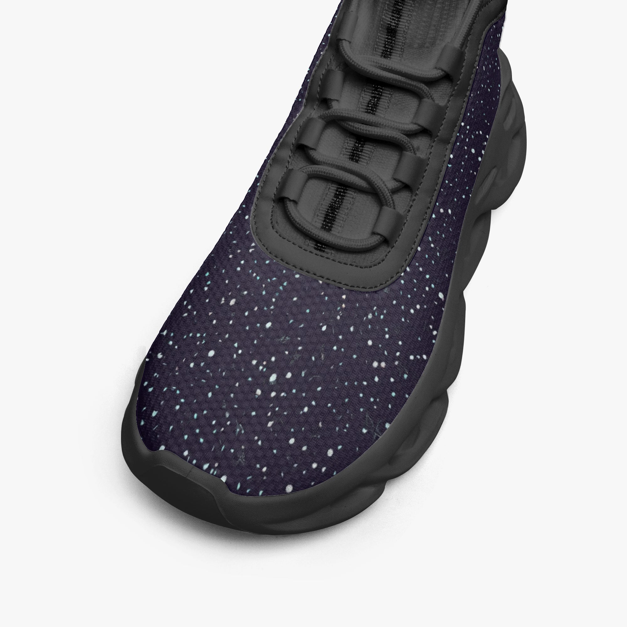 Black high-top mesh knit sneaker with white speckle pattern and thick cushioned sole.