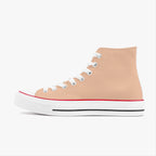 Peach high-top canvas sneakers with white laces, white rubber sole, and red trim details.