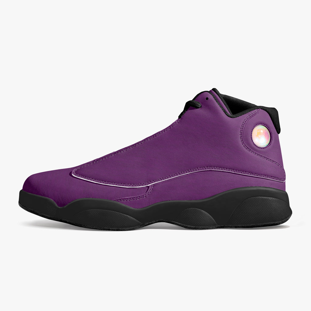 High-top purple leather basketball sneakers with black sole and subtle logo patch on ankle.