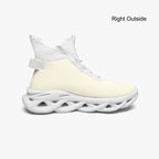 White high-top knit sneakers with mesh fabric and hollowed-out cushioned sole.