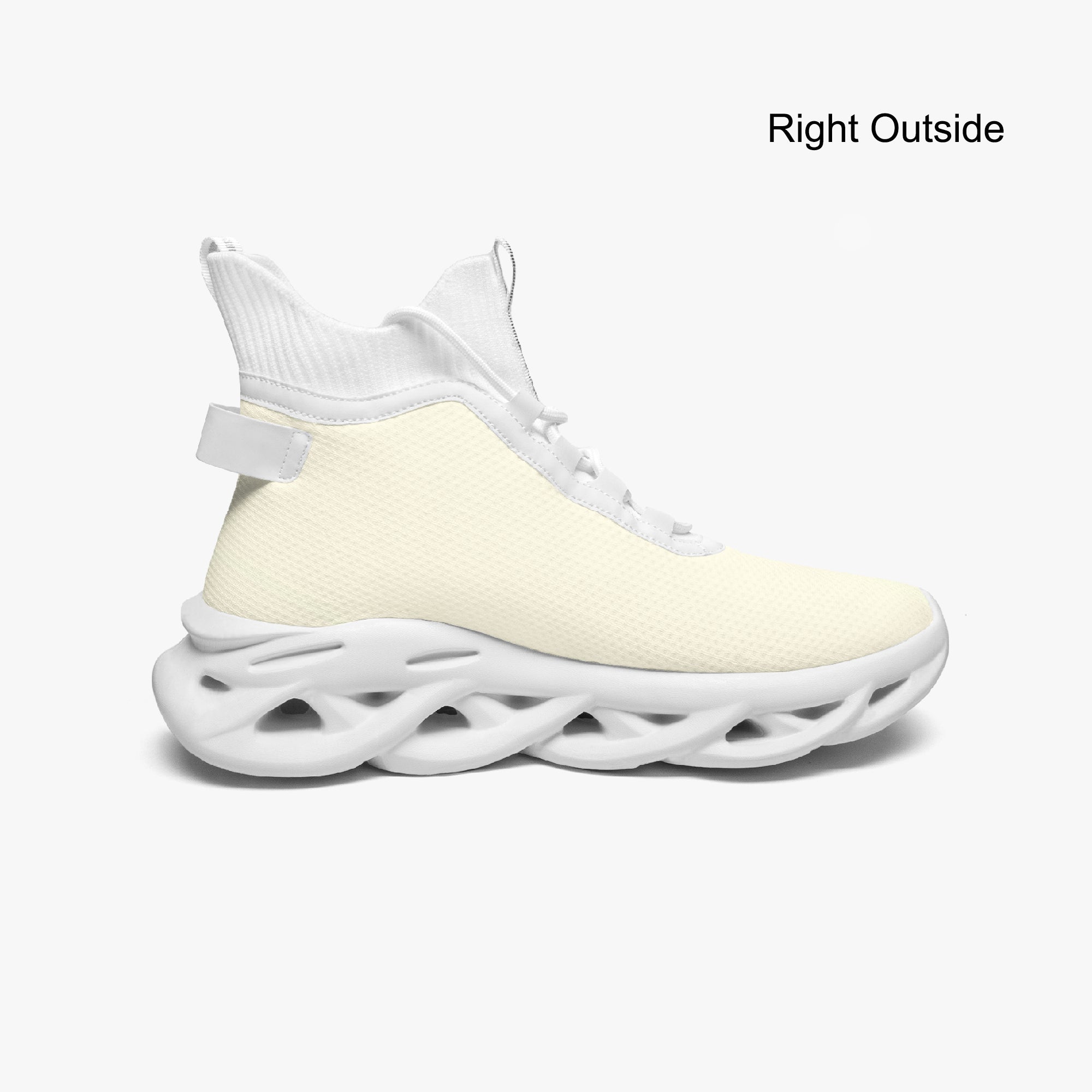White high-top knit sneakers with mesh fabric and hollowed-out cushioned sole.