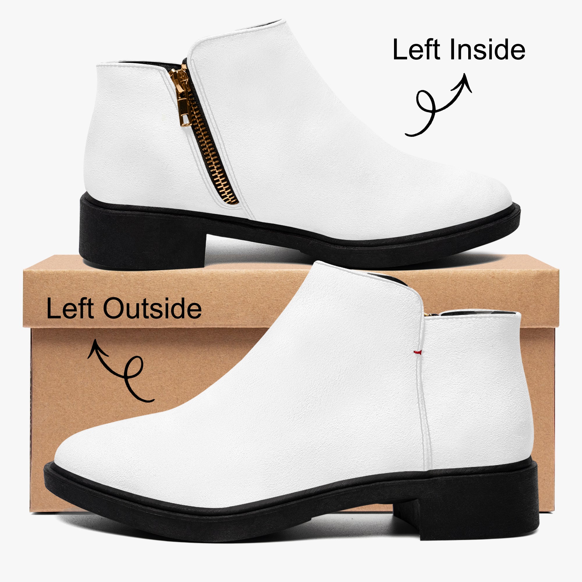 Modern white slip-on ankle booties with chunky black heel, side zipper, and red accent stitch.