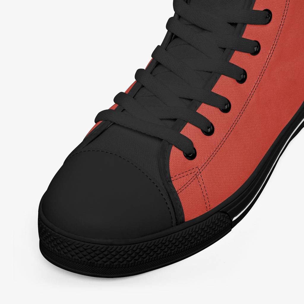 Bold red and black high-top canvas sneaker with black laces and black rubber sole.