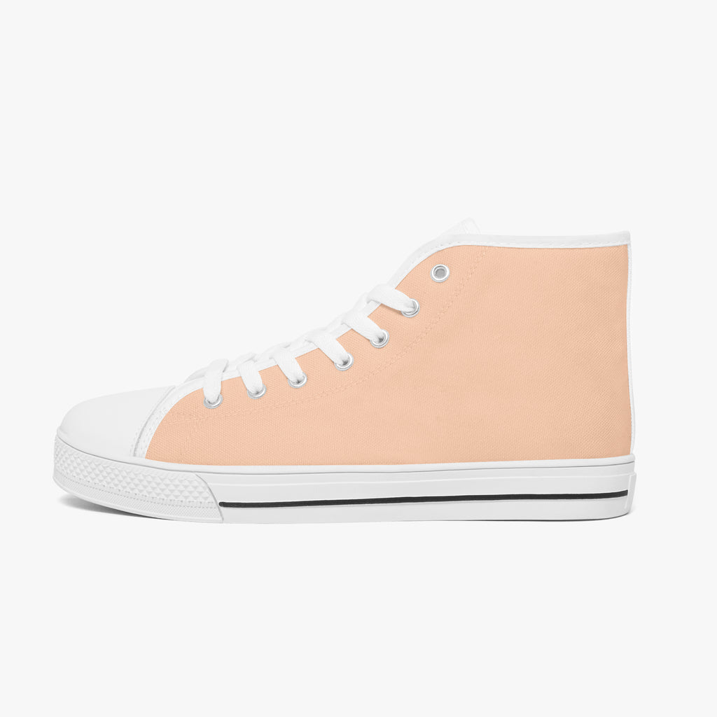 Peach high-top canvas sneaker with white toe cap, laces, and rubber sole.