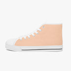 Peach high-top canvas sneaker with white toe cap, laces, and rubber sole.