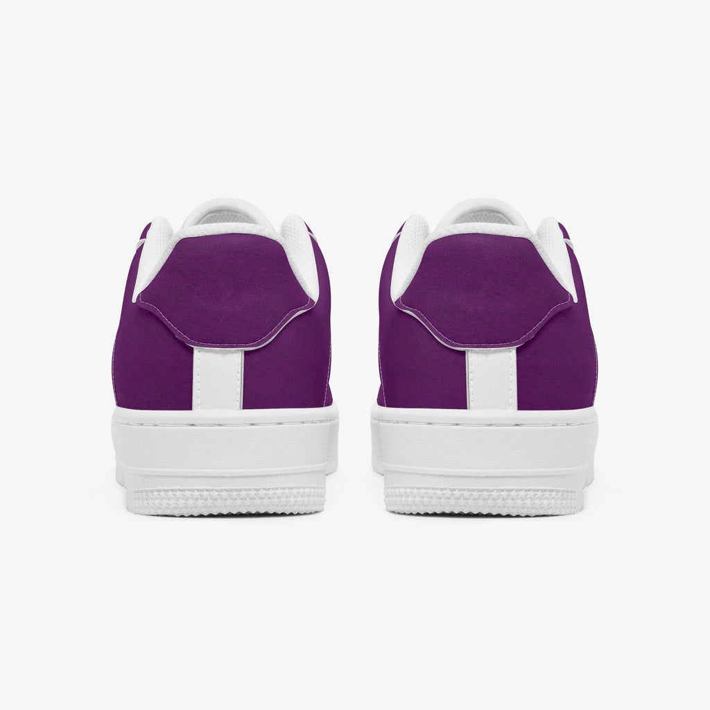 Pair of classic purple low-top leather sneakers with white soles and heel accents, viewed from the back.