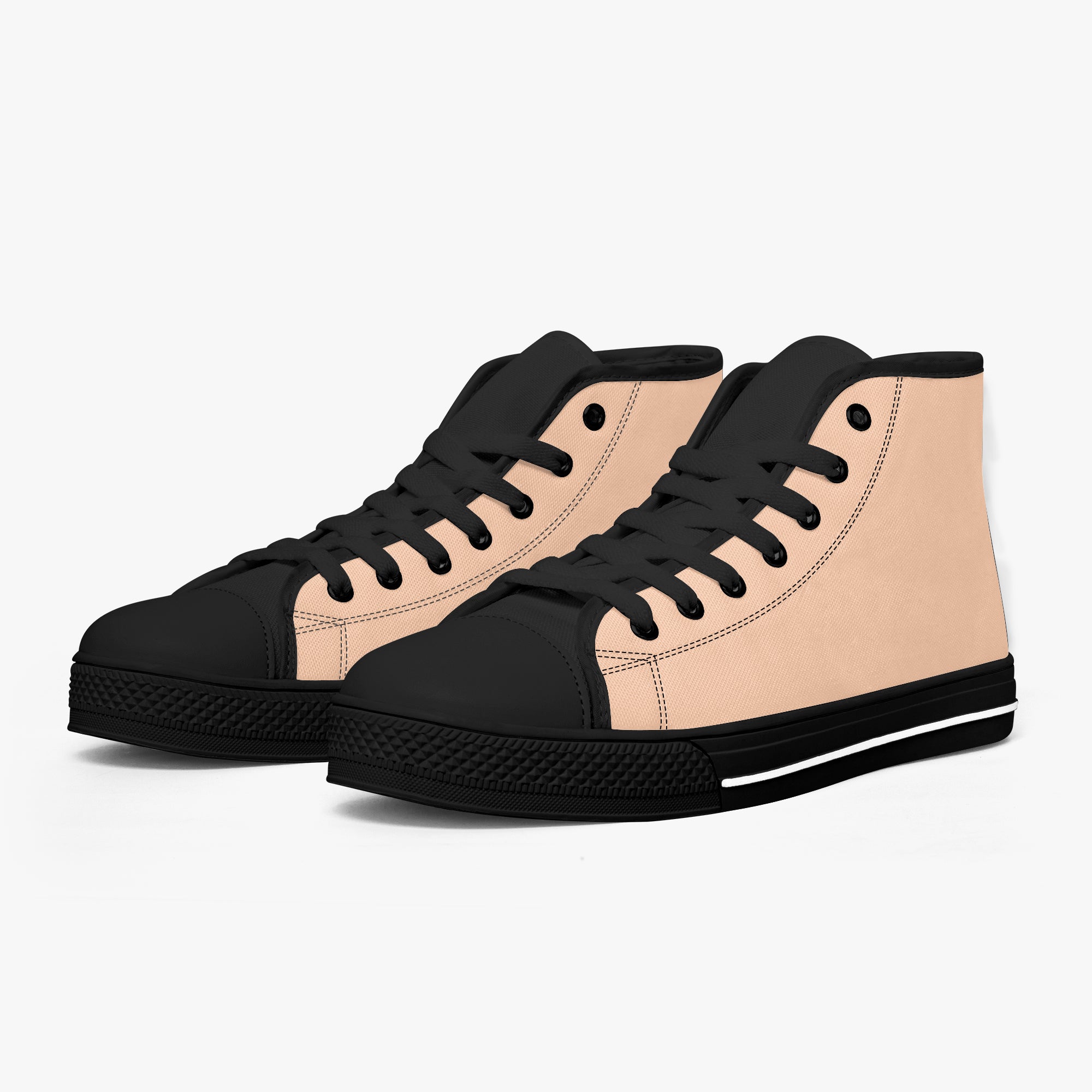 Peach and black high-top canvas sneakers with black laces and rubber sole.
