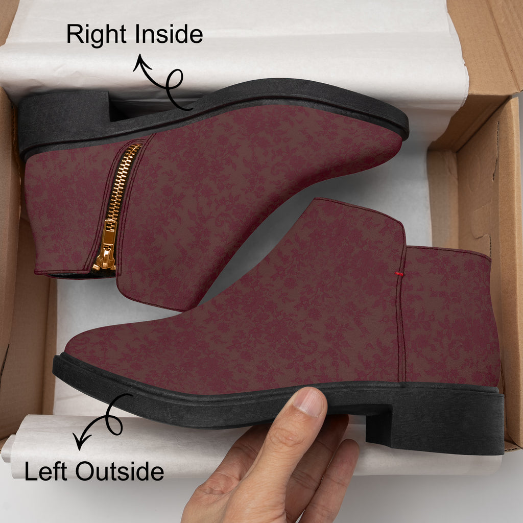 Burgundy floral lace slip-on booties with chunky black heels, red accent stitching, and side zipper.