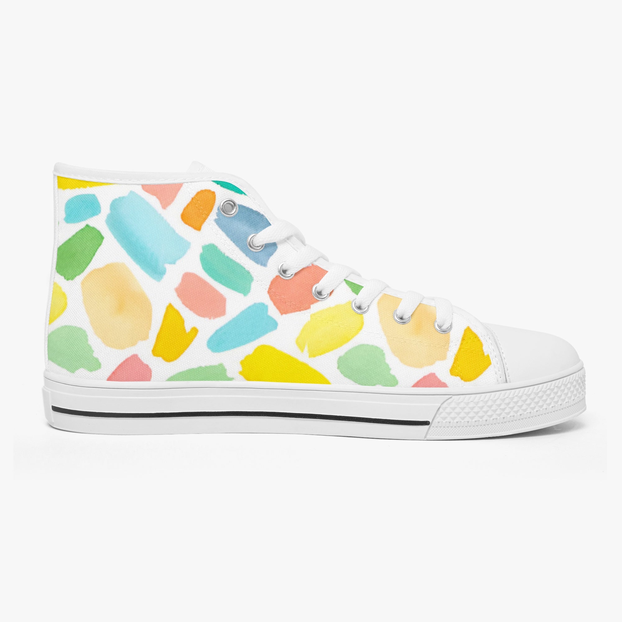 White high-top sneakers with colorful mosaic pattern and white rubber sole.