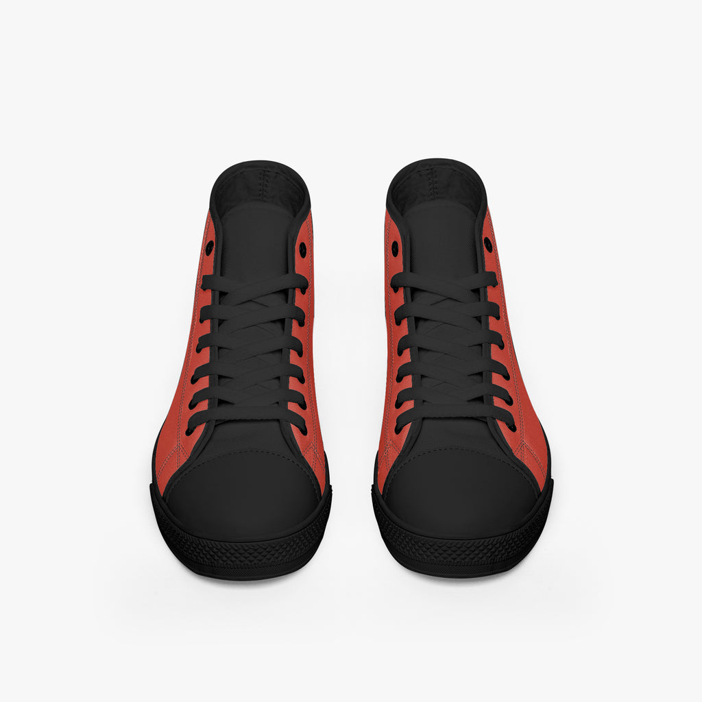 Black and bold red high-top canvas sneakers with black laces and rubber soles viewed from the front.