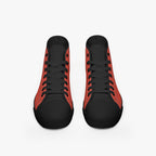 Black and bold red high-top canvas sneakers with black laces and rubber soles viewed from the front.