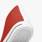 Red high-top canvas sneaker with white rubber sole and textured tread pattern.