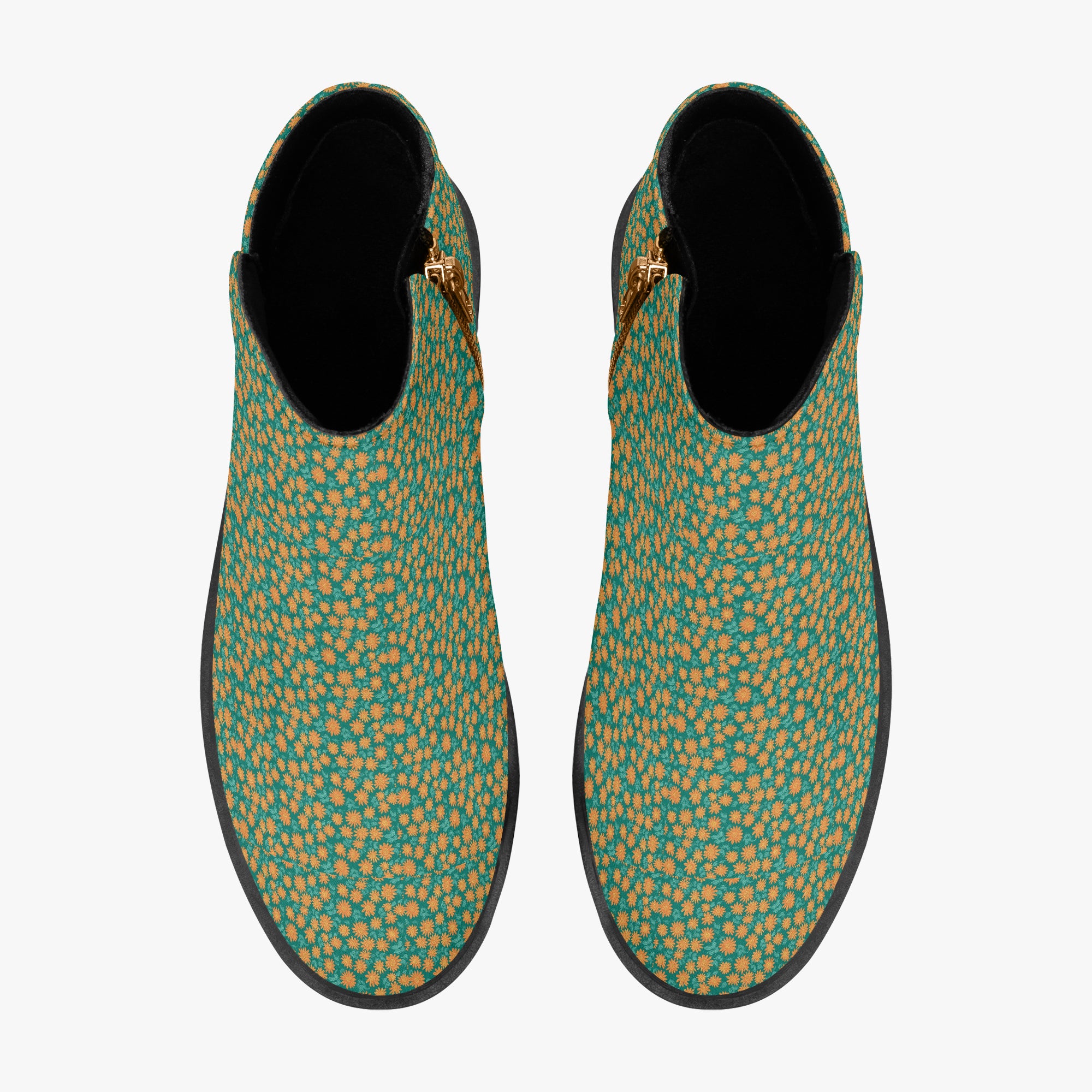 Teal ankle boots with orange floral print, chunky black heels, and side zipper closure.