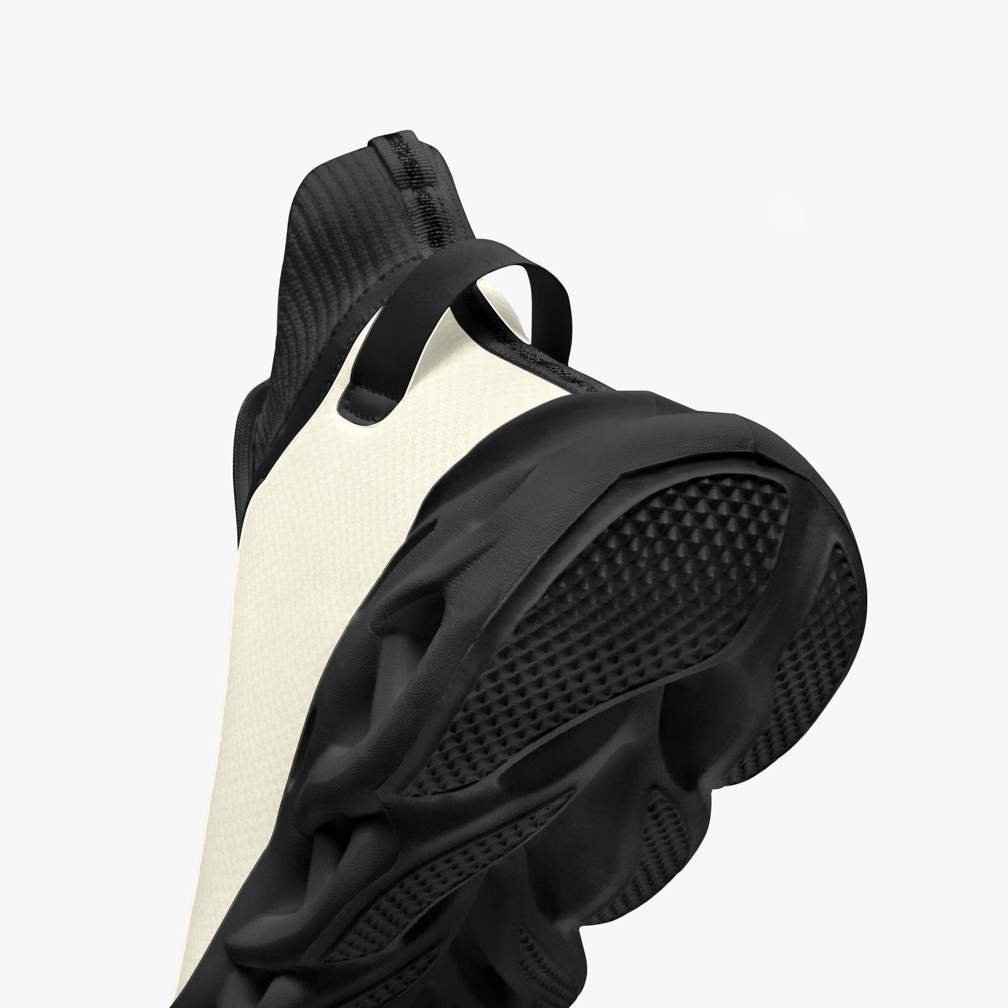 High-top white knit sneaker with black sole and heel pull tab, textured outsole design.