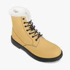 Sunny mustard leather winter boot with black laces and plush white faux fur collar.