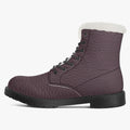 Plum pebbled leather lace-up boot with plush white faux fur collar and black sole.