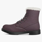 Plum pebbled leather lace-up boot with plush white faux fur collar and black sole.