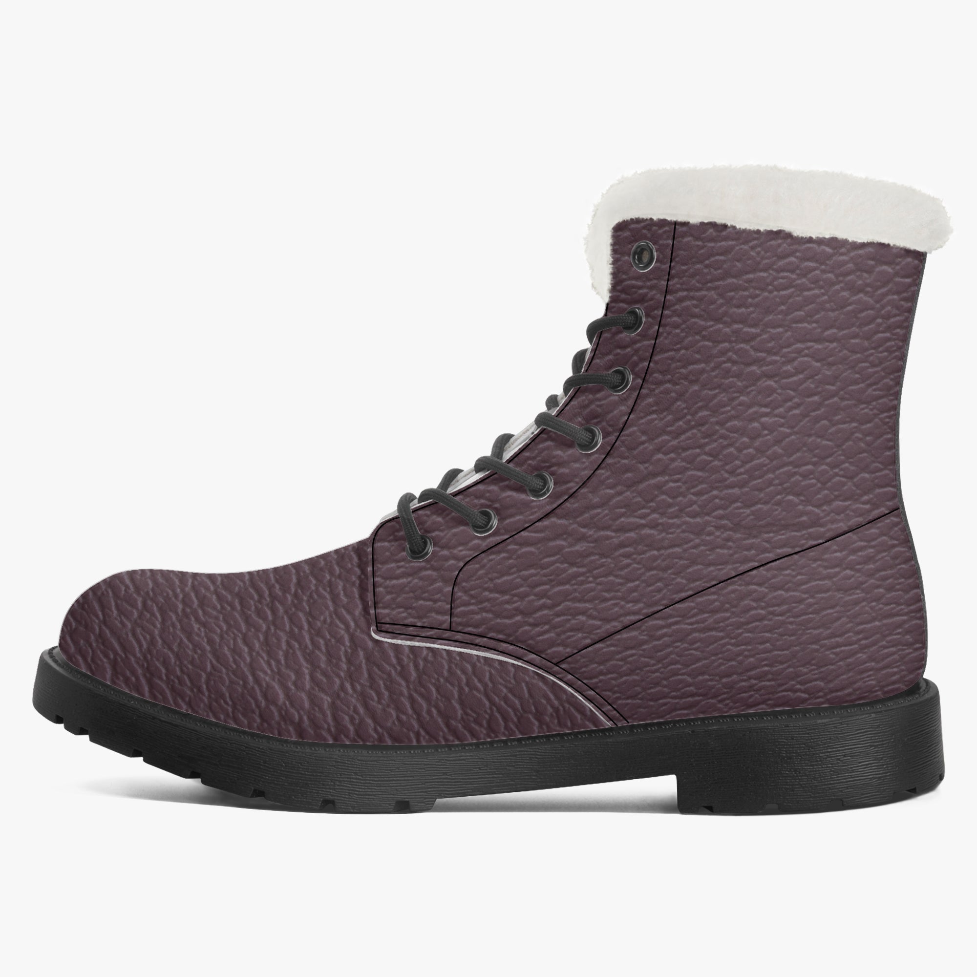 Plum pebbled leather lace-up boot with plush white faux fur collar and black sole.