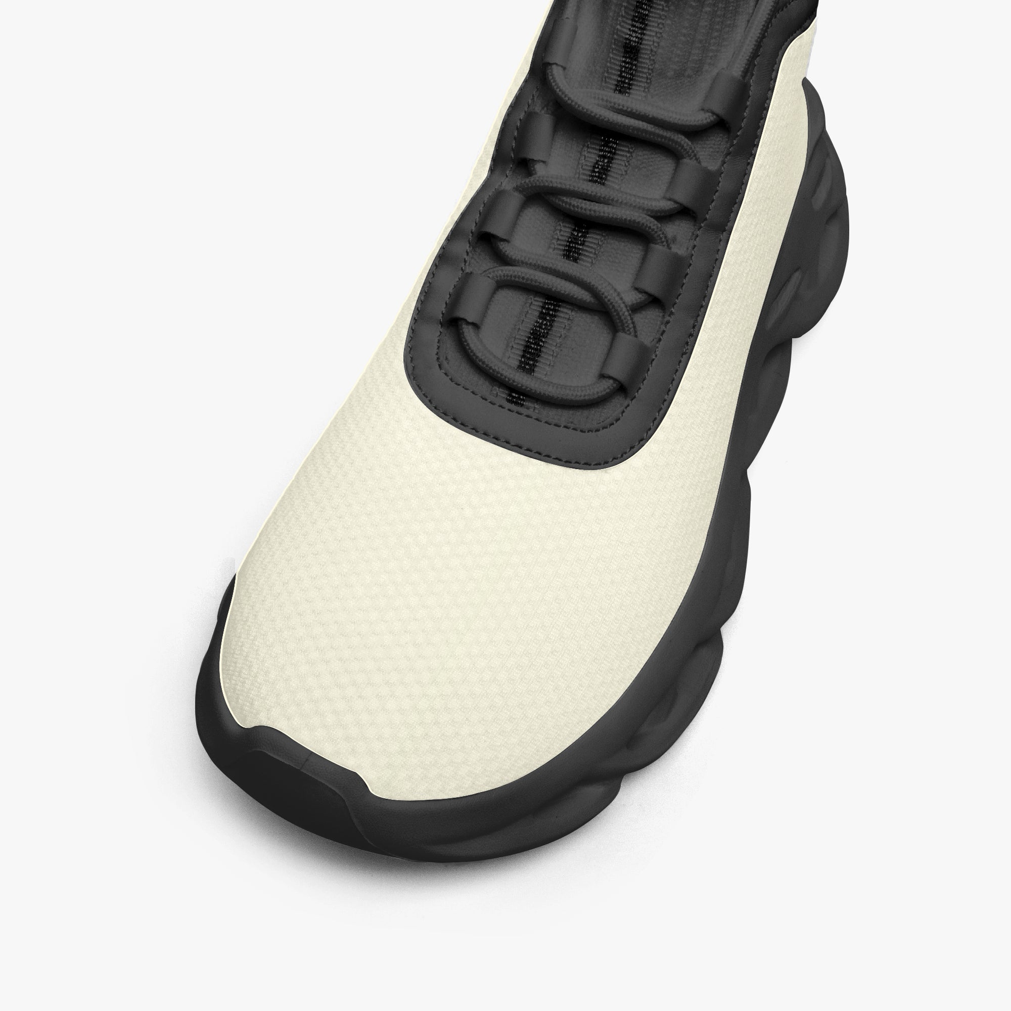 White high-top knit sneakers with black accents and thick cushioned sole.