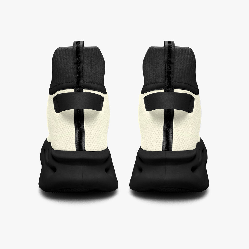 Black and white high-top mesh knit sneakers with cushioned black soles, rear view.