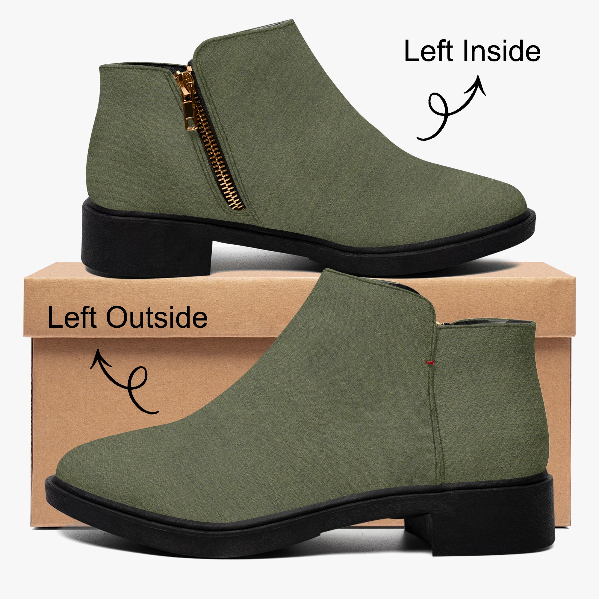 Olive green textured ankle boot with chunky black heel and gold side zipper on brown box.