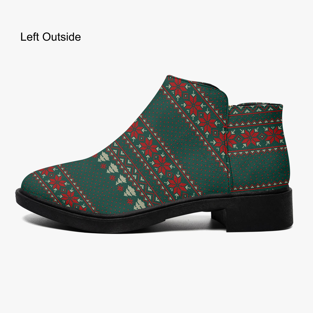 Green, red, and cream festive patterned ankle boot with chunky black heel and side zipper.
