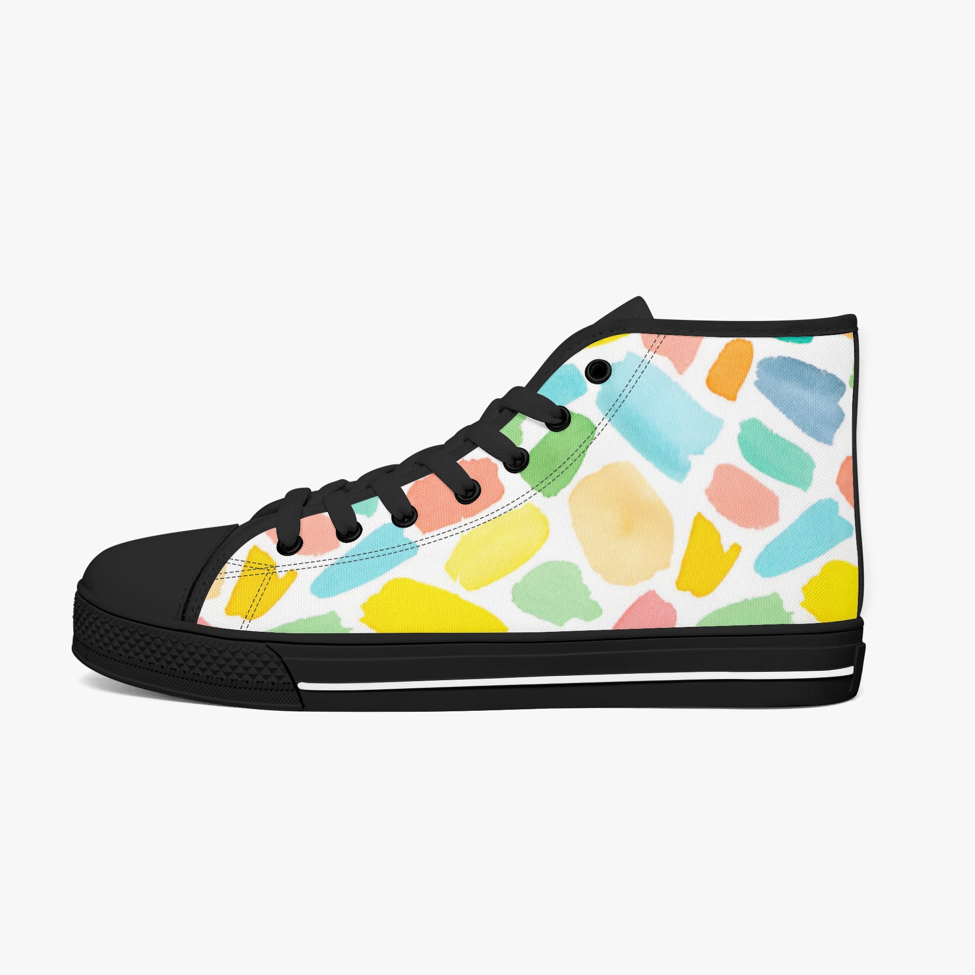 White high-top sneakers with black sole and laces, featuring colorful mosaic pattern in pastel shades.