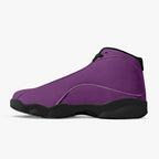 High-top purple leather basketball sneaker with black sole and minimalist design.
